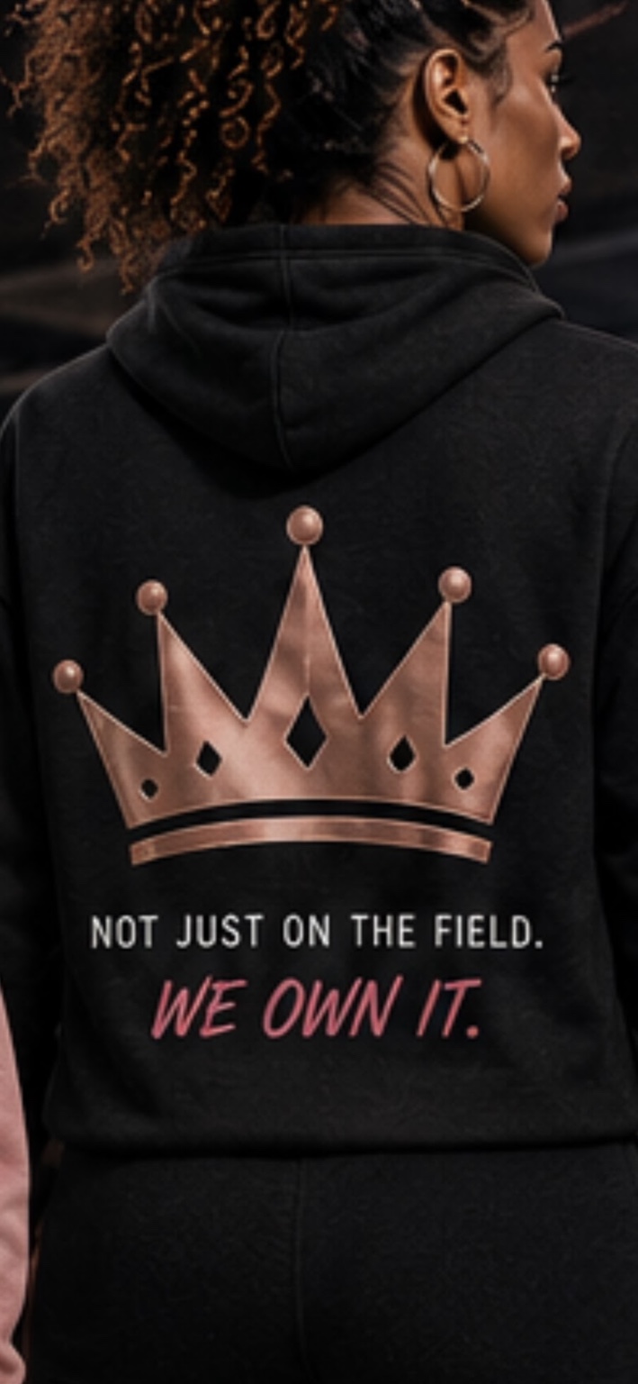 Black hoodie concept with a rose gold crown and We Own It message on the back
